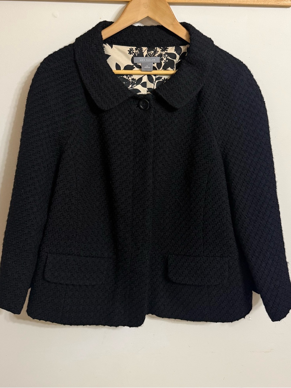 Ann Taylor Black Textured Short Peacoat with Floral Lining